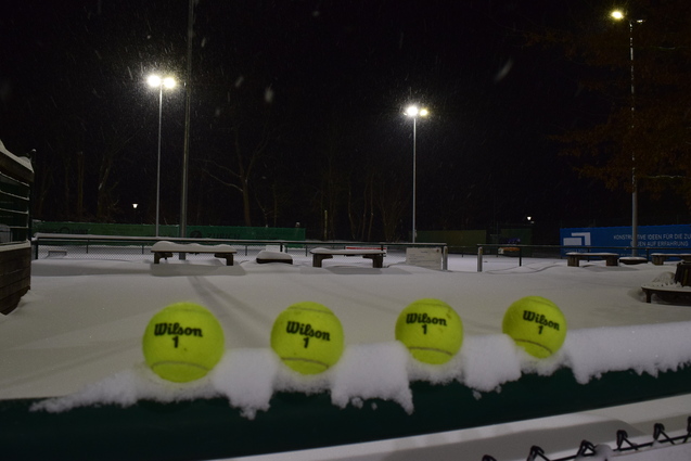Vier gelbe Wilson-Tennisb&auml;lle liegen im Schnee auf einer Bank, w&auml;hrend Schneeflocken fallen und die Umgebung beleuchtet ist.