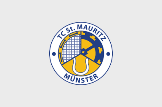 Logo des TC St. Mauritz M&uuml;nster mit Tennisnetz und Platz in Blau und Gelb, umgeben von einem wei&szlig;en Kreis.