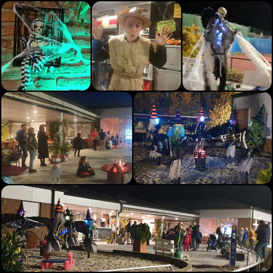 Collage von Halloween-Dekorationen, verkleideten Menschen und Skeletten bei einer n&auml;chtlichen Feier im Freien.