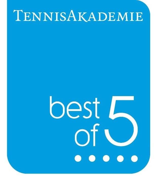 Logo der TennisAkademie mit dem Slogan &bdquo;best of 5&ldquo; auf blauem Hintergrund.