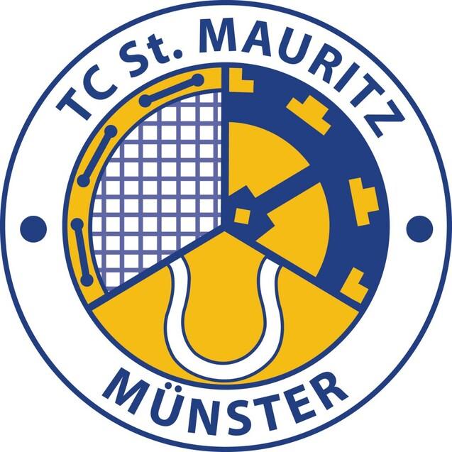 Logo des TC St. Mauritz M&uuml;nster mit Tennisnetz, Schl&auml;ger und Platzdetails in Blau und Gelb.
