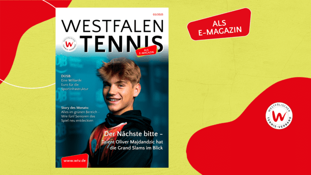 Cover des E-Magazins "Westfalen Tennis" mit Titel, einem jungen Spieler und Text &uuml;ber Oliver Majdaric.