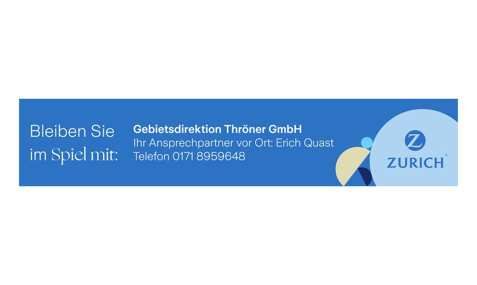 Banner der Z&uuml;rich Versicherungsgruppe mit Kontaktdaten der Gebietsleitung Thr&auml;ner GmbH und Ansprechpartner Erich Quast.
