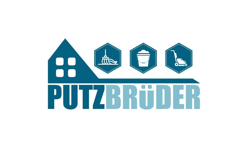Logo der Firma "PUTZBR&Uuml;DER" mit Symbolen f&uuml;r Reinigung, Eimer und Bodenreinigung auf wei&szlig;em Hintergrund.