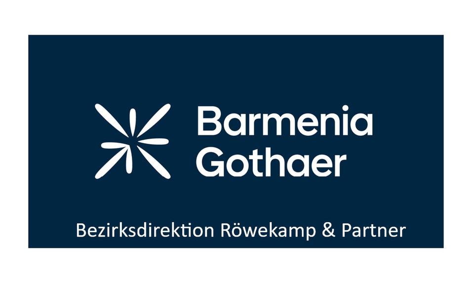 Logo der Barmenia Gothaer Bezirksdirektion R&ouml;wekamp & Partner in Blau mit wei&szlig;em Schriftzug und graphischem Element.