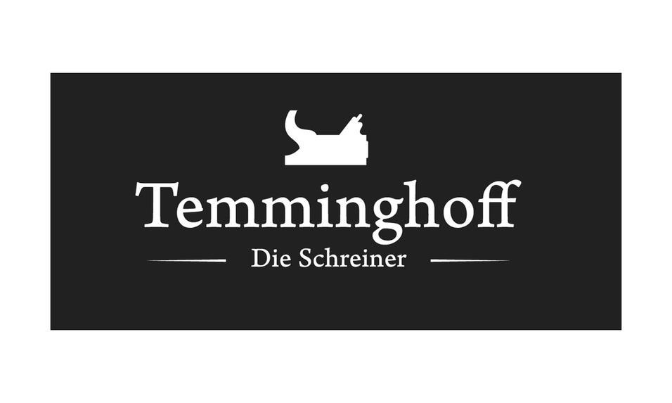 Logo von Temminghoff, einem Schreinerbetrieb, mit Holzgleich und dem Schriftzug "Die Schreiner" auf schwarzem Hintergrund.