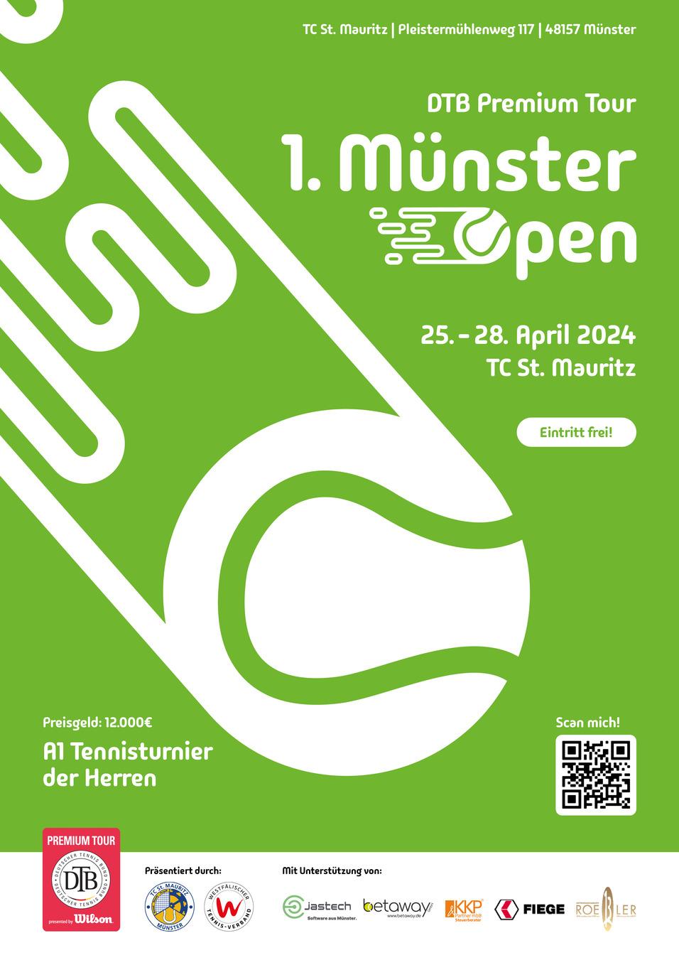 Plakat f&uuml;r das 1. M&uuml;nster Open vom 25. bis 28. April 2024, TC St. Mauritz, Eintritt frei, Preisgeld 12.000 &euro;.