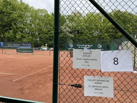 Tennisplatz mit Sicht auf das Spielfeld, einem Netz und zwei Spielergruppen im Hintergrund. Platznummer 8 h&auml;ngt am Zaun.
