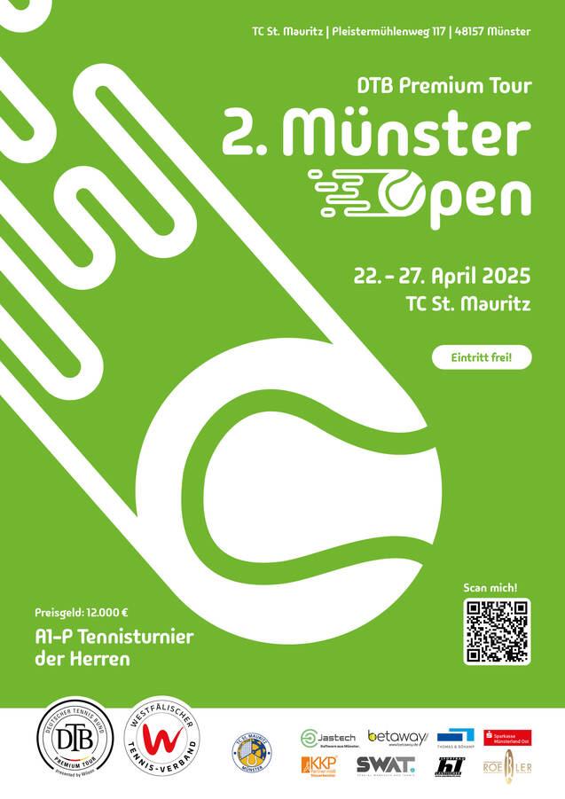 Plakat f&uuml;r das 2. M&uuml;nster Open, DTB Premium Tour, 22.-27. April 2025 im TC St. Mauritz, Eintritt frei, Preisgeld 12.000 &euro;.